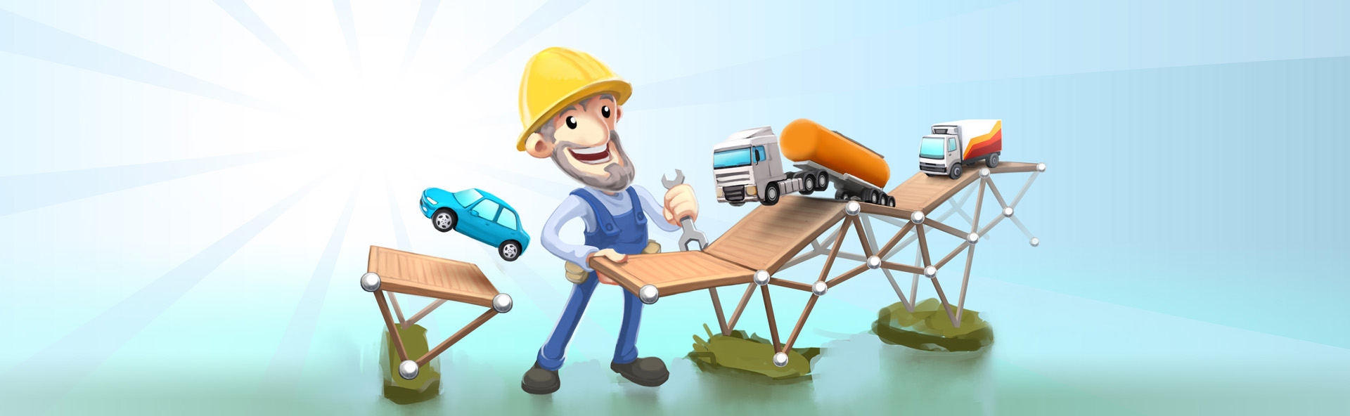 A bridge builder standing beside a bridge with vehicles