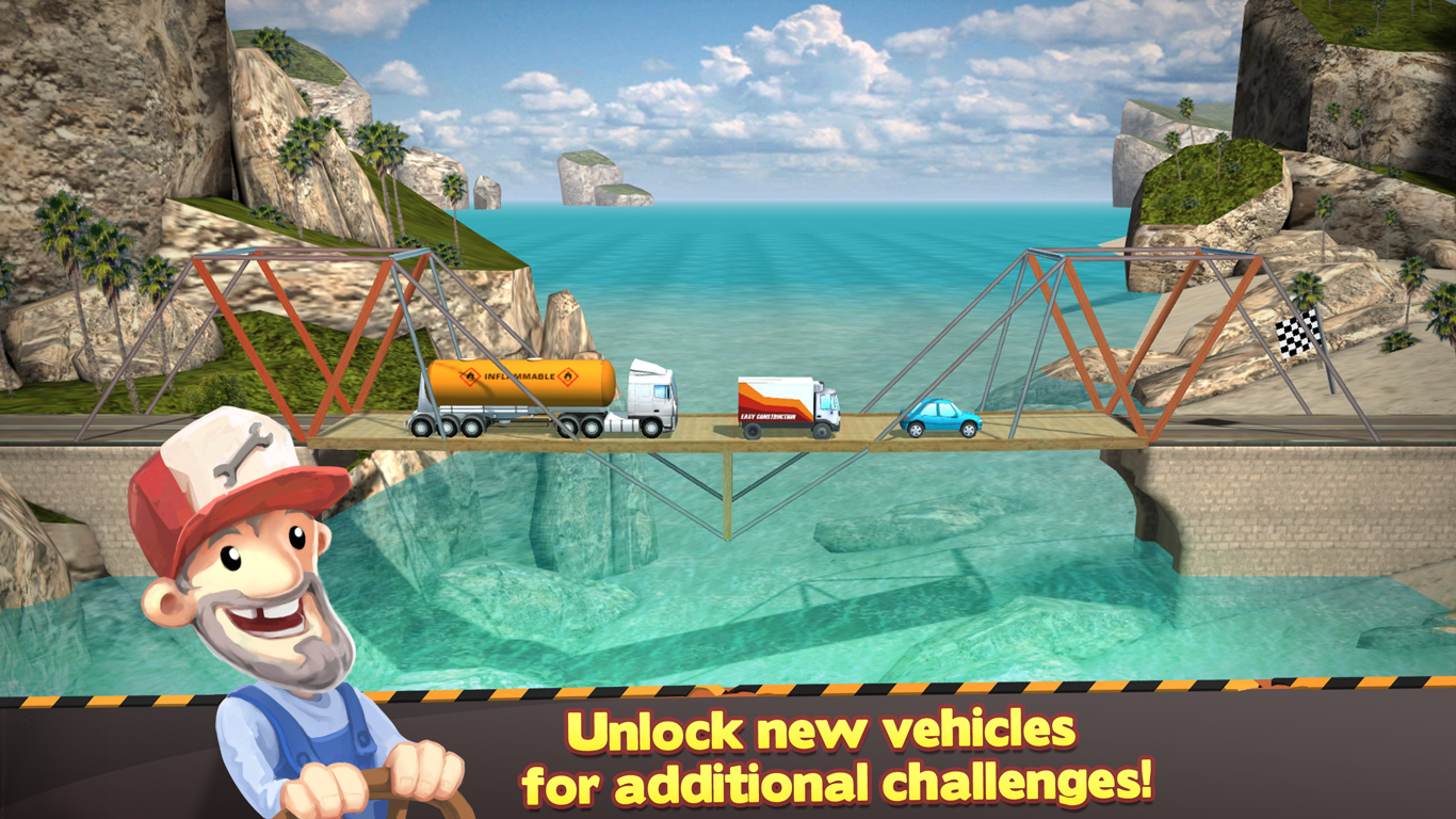 Trucks crossing a bridge over turquoise water
