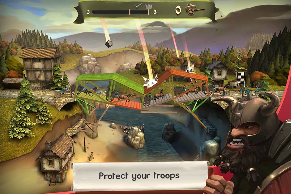 A medieval bridge under attack from a catapult