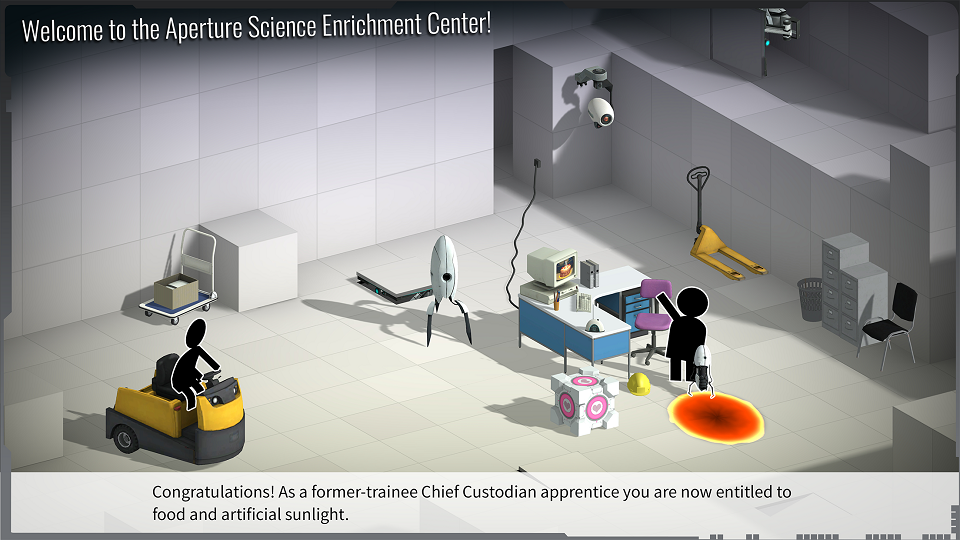 An Aperture Science test chamber with an orange portal