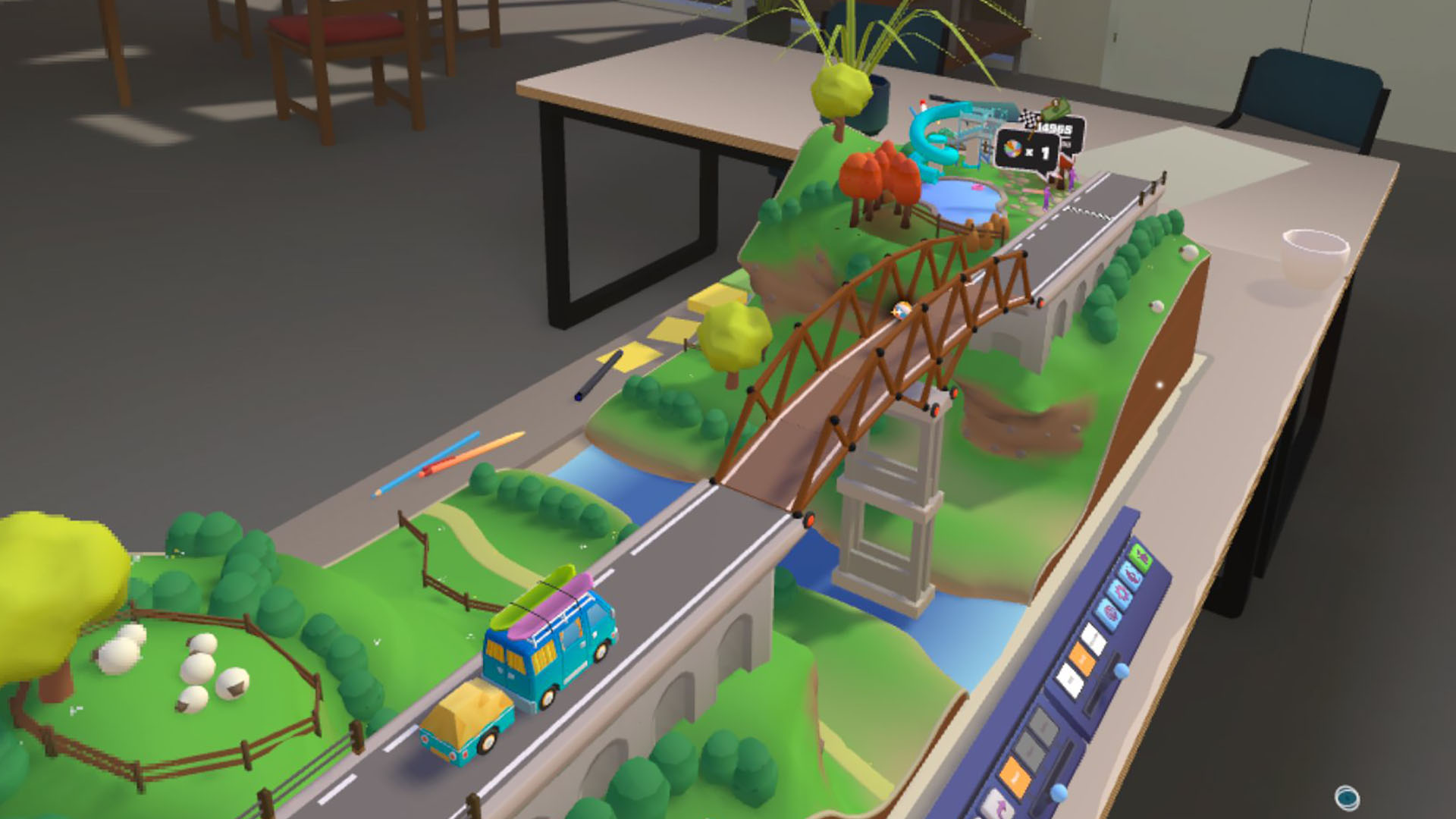 A coach crossing an arched bridge in a tabletop diorama