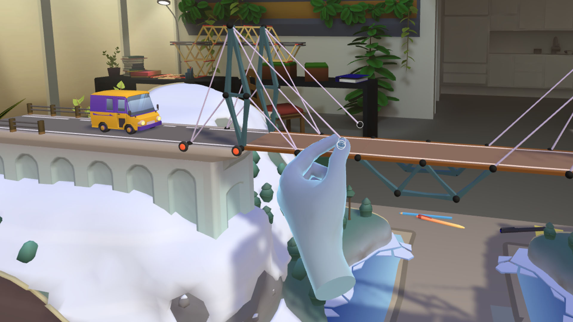 Virtual hands building a cable bridge
