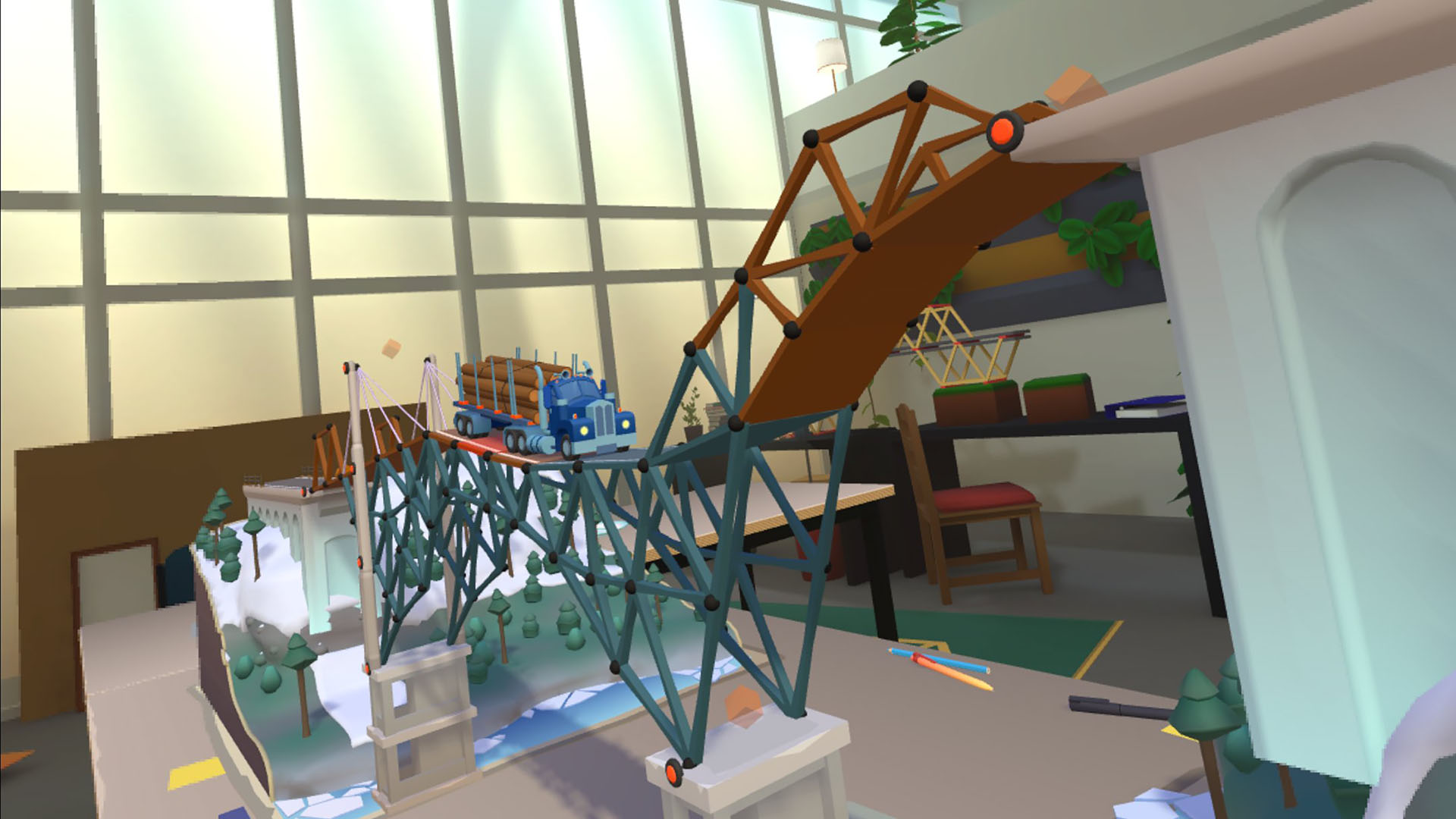 A long bridge carrying a cargo truck in a room-scale scene