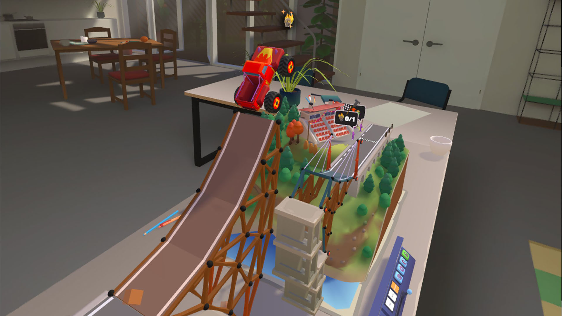 A vehicle approaching a jump in a miniature landscape