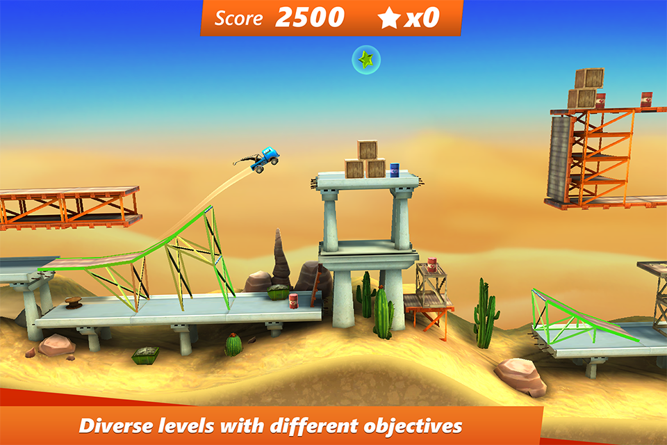 A truck jumping between wooden ramps